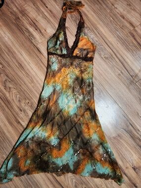 True Y2k Vtg Halter Tie-Dye Handkerchief Sequin Beaded Midi Dress